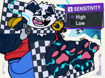 anthro blue_eyes clothing controller gloves handwear male pawpads paws restrained simple_background smile solo tickling whiskers patugh bradley_the_badger_(game) bradley_(bradley_the_badger) badger mammal mustelid musteline 4:3 hi_res