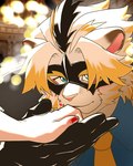 anthro blue_eyes clothing duo fur gloves handwear kissing_hand male mane mask masquerade_mask necktie white_body white_fur shizu_ponnu lifewonders live_a_hero astosis felid human lion mammal pantherine 4:5 hi_res