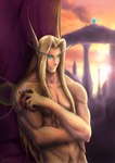 apple blonde_hair food fruit hair long_nails male muscular muscular_humanoid muscular_male not_furry nude plant solo carla_l mistressainley blizzard_entertainment warcraft kael'thas_sunstrider blood_elf elf high_elf humanoid hi_res