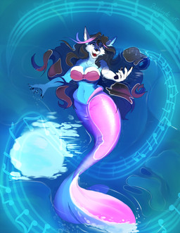 anthro bare_shoulders big_breasts black_hair blue_eyes bra breasts cleavage clothed clothed_anthro clothed_female clothing countershading female floating_on_water fur glistening glistening_body glistening_scales hair hand_pawpads highlights_(coloring) long_hair looking_at_viewer lying mermaid_tail musical_note musical_symbol navel on_back open_mouth partially_submerged pink_body pink_bra pink_clothing pink_highlights pink_scales pink_tail pink_underwear purple_body purple_fur reaching_towards_viewer scales seashell_bra singing solo split_form staff_(music) strapless_bra strapless_clothing strapless_underwear symbol tail underwear viewed_from_above white_body white_countershading white_fur roxlyde aquatic canid canine canis mammal merfolk siren wolf 2025 absurd_res hi_res