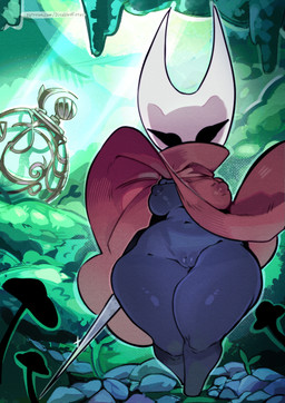 anthro big_breasts black_body black_eyes breasts cape clothed clothed_female clothing female front_view genitals holding_melee_weapon holding_object holding_weapon innie_vulva melee_weapon nipples non-mammal_breasts non-mammal_nipples red_cape red_clothing sewing_needle shortstack shortstack_female solo thick_thighs vulva weapon wide_hips disabledfetus hollow_knight_(franchise) team_cherry hornet_(hollow_knight) arthropod 2025 digital_media_(artwork) hi_res