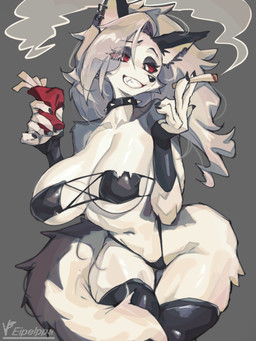 anthro armwear big_breasts big_butt bikini black_bra black_clothing black_legwear black_thigh_highs black_thong black_underwear bra breasts butt cigarette cigarette_smoke clothing collar ear_piercing ear_ring female grey_background hanging_breasts holding_cigarette holding_object legwear looking_at_viewer natural_breasts piercing red_sclera ring_piercing simple_background skindentation smile smoke smoking smoking_cigarette solo spiked_collar spikes stockings swimwear tail thick_thighs thigh_highs thong two-piece_swimsuit underwear wide_hips iepelppa hellaverse helluva_boss mythology loona_(helluva_boss) canid canid_demon canine demon hellhound mammal mythological_canine mythological_creature 3:4 absurd_res hi_res