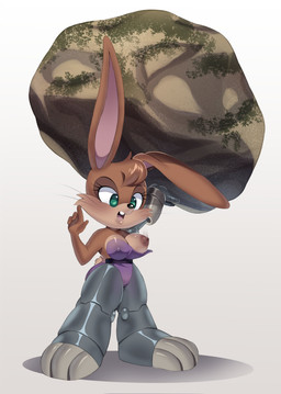anthro areola big_breasts big_ears black_nose breasts brown_areola brown_body brown_fur brown_nipples buckteeth camel_toe cheek_tuft clothing eyelashes facial_tuft female front_view fur green_eyes grey_background head_tuft holding_object holding_rock leotard long_ears nipple_outline nipples one_breast_out one_ear_up open_mouth prosthetic prosthetic_arm prosthetic_leg prosthetic_limb purple_clothing purple_leotard simple_background solo tan_body tan_fur teeth thick_thighs tuft wardrobe_malfunction whiskers wide_hips squish_(artist) sega sonic_the_hedgehog_(series) bunnie_rabbot lagomorph leporid mammal rabbit absurd_res hi_res