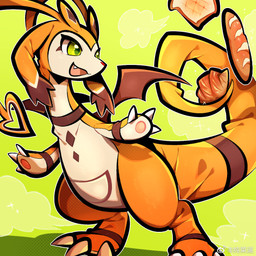abstract_background ambiguous_gender biped bread brown_body claws digitigrade fangs feral food kemono open_mouth open_smile smile solo tail teeth zhang_gun mythology dragon mythological_creature mythological_scalie scalie 1:1 2023 digital_media_(artwork)