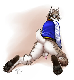 animal_genitalia animal_penis anthro anus balls blue_clothing blue_topwear bottomless brown_body brown_fur brown_legs brown_spots butt clothed clothing ear_tuft eyewear fangs feet feline_genitalia feline_penis fur genitals glasses grin happy jacket looking_at_viewer looking_back looking_back_at_viewer male markings multicolored_body multicolored_fur naughty_face partially_clothed pawpads paws penile_spines penis perineum presenting presenting_anus presenting_hindquarters raised_tail small_penis smile solo spots spotted_legs spotted_markings spotted_tail striped_legs striped_markings stripes tail tail_markings teeth topwear tuft whiskers white_body white_clothing white_ears white_fur white_legs white_tail white_topwear moodyferret jasper_kinney bobcat felid feline lynx mammal 2026 hi_res