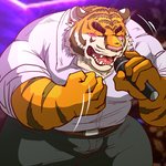 anthro blush bottomwear clothing eyes_closed humanoid_hands kemono male overweight overweight_anthro overweight_male pants shirt singing solo topwear raichoclub felid mammal pantherine tiger 1:1 2019