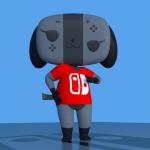 1:1 3d_(artwork) :3 ambiguous_gender animate_inanimate anthro black_nose blue_background bottomless canid clothed clothing digital_media_(artwork) eyelashes featureless_crotch female gloves_(marking) hand_on_hip leg_markings looking_at_viewer mammal markings nintendo nintendo_switch shirt short_stack silentj43 simple_background slightly_chubby smile socks_(marking) solo standing switch_dog thick_thighs topwear