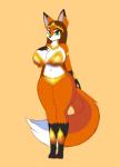 anthro armor big_breasts breasts brown_hair canid canine cocaine-leopard conditional_dnp crown curvy_figure female fire_princess fox green_eyes hair headgear huge_breasts jewelry long_tail mammal red_fox solo standing tail thick_thighs tiara true_fox voluptuous