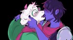 anthro blue_body blue_hair blue_skin blush duo french_kissing fur hair human_on_anthro interspecies kissing male male/male romantic tongue white_body white_fur jetstarred deltarune undertale_(series) kris_(deltarune) ralsei bovid caprine goat human mammal hi_res