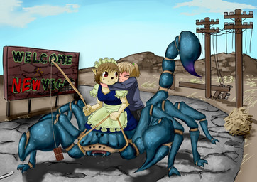 anthro chelicerae clothed clothing female group maid_uniform mount outside pedipalps riding sign tail text uniform utility_pole aponm fallout microsoft arachnid arachnid_taur arthropod arthropod_taur canid canine human mammal scorpion scorpion_taur taur english_text