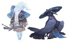 4_legs alternate_species avian_feet blue_body blue_eyes blue_feathers branch cape clothing duo feathers female feral feralized fluffy fur fur_shawl hat headgear headwear long_beak male mask multi_arm multi_limb one_eye_closed perching robe shawl simple_background tail white_background white_body white_feathers witch_hat sublamy123 elden_ring fromsoftware preceptor_seluvis ranni_the_witch avian bird corvid corvus_(genus) oscine owl passerine raven absurd_res hi_res