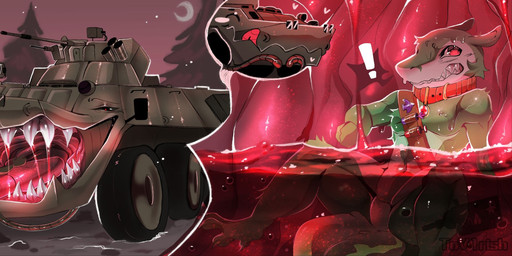 ambiguous_gender anthro anthro_prey bodily_fluids duo feral feral_pred green_body grey_body inside_stomach internal machine mouth_shot open_mouth saliva stomach_acid tank_(vehicle) vehicle vore wheel willing_prey tovarish living_machine living_tank living_vehicle species_request 2026 hi_res