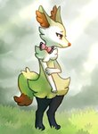 2015 anthro biped black_legs bow_ribbon braixen cloud day digital_media_(artwork) dipstick_tail eyebrows eyelashes female flavia-elric fluffy fluffy_tail fur generation_6_pokemon grass inner_ear_fluff markings mouth_closed nintendo outside pink_eyes plant pokemon pokemon_(species) pupils red_tail_tip solo standing tail tail_markings tuft white_body white_fur white_sclera yellow_body yellow_fur