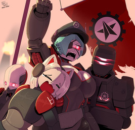 ambiguous_gender anthro armor army banner blue_hair blurred_background bodily_fluids bottomwear breasts burning_building cleavage cleavage_cutout clothed clothing crossed_arms crying cutout cybernetics damaged_armor eye_patch eyewear female fist glowing glowing_eyes grey_hair group hair hair_over_eye hat headgear headwear helmet hug hugging_another insignia joints logo looking_up machine male military military_cap mouthless oil oil_stain open_mouth outside patriotism pauldron politics pseudo_hair raised_fist raised_hand screaming sharp_teeth shorts soldier synthetic_muscles tattered tears teeth text warrior arzy_parzy 2024_attempted_assassination_of_donald_trump helldivers agitator_(helldivers) commissar-chan commissar_(helldivers) fan_character trooper_(helldivers) automaton cyborg domestic_cat felid feline felis human humanoid mammal robot robot_anthro robot_humanoid 2026 artist_logo artist_name hi_res shaded