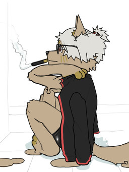 anthro bodily_fluids bottomwear cigarette clothed clothing eyewear fur glasses glistening male orange_body orange_fur sitting solo suit_jacket wearing_glasses limlonm changed_(video_game) canid canine goo_creature mammal 3:4 digital_media_(artwork) hi_res