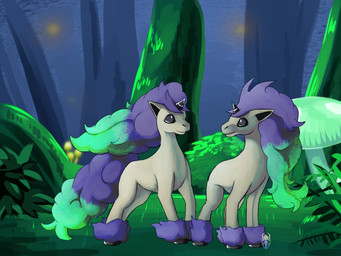 2019 4:3 ambiguous_gender black_eyes black_hooves black_horn digital_media_(artwork) digital_painting_(artwork) duo equid eye_contact feathering feral fluffy fluffy_tail full-length_portrait fungus fur galarian_ponyta grass green_body green_fur green_mane green_tail heart-of-a-dragoness hooves horn jungle light lighting looking_at_another mammal mane multicolored_body multicolored_fur multicolored_mane mushroom nature nintendo outside plant pokémon pokémon_(species) portrait purple_body purple_fur purple_mane purple_tail quadruped regional_variant shadow shrub smile snout standing tailless tree two_tone_body two_tone_fur two_tone_mane two_tone_tail unicorn video_games white_bodyRating: SafeScore: 5User: ImpidiDinkaDooDate: October 05, 2019