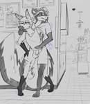 absorption_vore accessory anthro clothed clothing duo ear_piercing hand_in_pants headband male male/male merging partially_clothed piercing public public_sex sex vore topazknight jeremy_(topazknight) canid canine fox mammal mephitid skunk hi_res