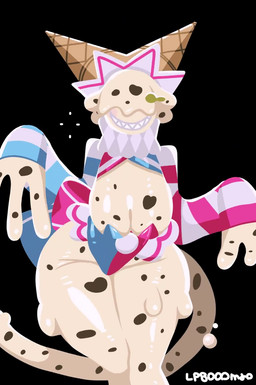 anthro bow_ribbon breasts cleavage clothed clothing dancing female food hat headgear headwear ice_cream_cone jester leotard sharp_teeth smile solo teeth white_body lp8000mao ice_cream_creature animated hi_res no_sound short_playtime video