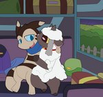 anthro blue_eyes brown_eyes collar cuddling duo female hand_on_chest happy hug inside_train looking_at_another looking_at_partner male scarf semi-anthro train vehicle infinitydoom nintendo pokemon furret generation_2_pokemon generation_8_pokemon pokemon_(species) wooloo