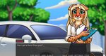 american_cheetah blonde_hair blush bottomwear car clipboard clothing colored_nails dress_shirt ears_down female hair nails pivoted_ears plant red_nails screencap shirt skirt solo text topwear tree vehicle violet_opossum_typewriter english_text hi_res