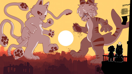 anthro balcony black_body black_fur blue_eyes city_crushing city_destruction destruction duo_focus ellipsis fur giga group landscape_dwarfing looking_down macro male markings micro pawpads ruins silhouette silhouetted_body sky smile striped_body striped_markings striped_tail stripes sun sunset tail tail_markings tentacles white_body white_fur tooeks changed_(video_game) lin_(changed) puro_(changed) squid_dog_(changed) tiger_shark_(changed) aquatic canid canine canis fish goo_creature human mammal requiem_shark shark tiger_shark wolf 16:9 2023 3d_(artwork) 4k absurd_res digital_media_(artwork) hi_res widescreen