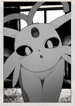 ambiguous_feral ambiguous_gender cheek_tuft dim_lighting facial_tuft feral forehead_gem forked_tail gem inside looking_at_viewer quadruped rear_view tail tuft unusual_anatomy unusual_tail window masha nintendo pokemon eeveelution espeon generation_2_pokemon pokemon_(species) 2026 digital_drawing_(artwork) digital_media_(artwork) monochrome
