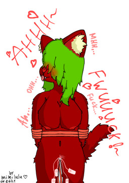 anthro bdsm blush bodily_fluids bondage bound breasts ejaculation female fur genital_fluids genitals green_hair hair nude orgasm penetration red_body red_fur restraints rope rope_bondage sex_toy sex_toy_in_vagina sex_toy_insertion simple_background solo standing text vaginal vaginal_fluids vaginal_penetration vibrator vibrator_in_vagina vulva white_background mimilulu pepper_(mimilulu) canid canine mammal 2026 hi_res