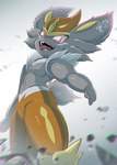 ambiguous_gender anthro fingers fluffy fluffy_tail fur looking_at_viewer open_mouth red_eyes solo tail teeth tongue tongue_out kicktyan nintendo pokemon cinderace generation_8_pokemon pokemon_(species) shiny_pokemon 2021 absurd_res hi_res signature