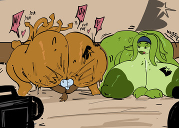accessory anthro anthro_on_anthro anthro_penetrated anthro_penetrating anthro_penetrating_anthro anus areola balls bed big_areola big_breasts big_butt breast_tattoo breasts brown_tail butt butt_tattoo camera cross-popping_vein cross-popping_vein_on_balls female female_anthro female_on_top female_penetrated furniture genitals green_areola green_body green_lips green_nipples group headband huge_areola huge_breasts huge_butt licking licking_lips lips lying male male/female male_on_bottom male_penetrating male_penetrating_female moan nipples nude on_bottom on_front on_top overweight overweight_anthro overweight_female penetration penile penile_penetration penis_in_vagina recording reverse_mating_press saggy_balls sex sex_on_bed tail tattoo text thick_thighs tongue tongue_out trio vaginal vaginal_penetration mooncheese bangstars animal_humanoid aquatic aquatic_humanoid canid canine canis cephalopod cephalopod_humanoid coleoid decapodiform domestic_dog humanoid mammal mollusk mollusk_humanoid squid squid_humanoid 2026 absurd_res digital_drawing_(artwork) digital_media_(artwork) hi_res
