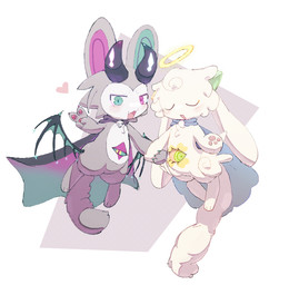 anthro belly_eye biped black_horn blush cape cheek_tuft chibi clothing countershading digitigrade duo facial_tuft floating front_view fur fur_tuft gesture green_eyes green_inner_ear grey_body grey_fur half-closed_eyes halo hand_gesture hand_holding handpaw head_tuft heterochromatic_ears heterochromia horn horn_markings looking_at_viewer male male_anthro male_on_anthro markings membrane_(anatomy) membranous_wings narrowed_eyes paws pose purple_eyes purple_inner_ear simple_background sweat_emanata tail tuft v_sign white_background white_body white_countershading white_fur wings yirus9 makemon devilun_(makemon) kupyadel_(makemon) 2025 digital_drawing_(artwork) digital_media_(artwork) flat_colors