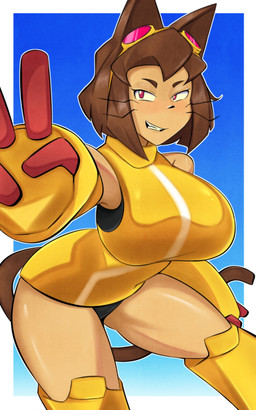 anthro big_breasts breasts brown_body brown_hair clothing eyebrows eyewear eyewear_on_head female glistening goggles goggles_on_head hair magenta_eyes panties smile solo underwear whiskers wide_hips yellow_sclera goonphrao32 gameoverse glitch_productions kit_bodega domestic_cat felid feline felis mammal 2026 5:8 absurd_res hi_res