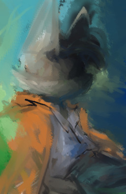 abstract_background anthro clothing ears_up hidden_eyes looking_at_another male orange_clothing painterly solo key_rooki disco_elysium canid canine mammal character_request hi_res