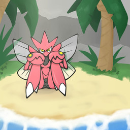 anthro beach breasts eyelashes female front_view insect_wings looking_at_viewer pincers red_body sitting solo thick_thighs wide_hips wings yellow_eyes gallo_wazavi nintendo pokemon generation_2_pokemon pokemon_(species) scizor 1:1 hi_res