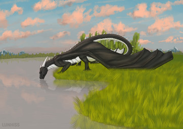 belly black_body claws detailed_background drinking drinking_water feral horn inflation lake liquid_inflation male membrane_(anatomy) membranous_wings multicolored_body nature nature_background paw_on_belly paws solo spikes tail text two_tone_body water_inflation wings lunhiss mythology dragon mythological_creature mythological_scalie scalie 2024 artist_name digital_drawing_(artwork) digital_media_(artwork) hi_res shaded widescreen