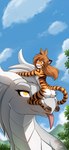 annoyed anthro black_body black_fur black_stripes blep bodily_fluids breasts brown_hair butt carrying_another casual_nudity chest_tuft cloud detailed_background digitigrade duo emanata extreme_size_difference eyebrow_through_hair eyebrows eyelashes female female/female feral fur hair hill horn inner_ear_fluff larger_female larger_feral leaf long_hair looking_at_another mane markings motion_lines multicolored_body multicolored_fur nude nude_anthro nude_female on_head on_snout open_mouth orange_body orange_eyes orange_fur pawpads plant pupils scales shadow size_difference sky slit_pupils small_breasts smaller_anthro smaller_female smile smirk smug striped_body striped_markings striped_tail stripes sweat sweatdrop tail tail_markings tongue tongue_out translucent translucent_hair tree tuft white_body white_fur white_horn white_mane white_scales yellow_eyes conditional_dnp tom_fischbach european_mythology mythology twokinds flora_(twokinds) lady_nora_(twokinds) dragon felid keidran mammal mythological_creature mythological_scalie pantherine scalie tiger western_dragon 2025 absurd_res adobe_photoshop_(artwork) digital_media_(artwork) hi_res