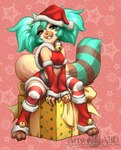 anthro arm_warmers armwear bedroom_eyes bell bell_collar blue_hair breasts christmas_clothing christmas_headwear clothing collar female gift hair hat headgear headwear holidays legwear markings midriff narrowed_eyes ring_(marking) ringed_tail santa_hat seductive solo striped_markings striped_tail stripes tail tail_markings thigh_highs abluedeer christmas kenzie_(iselwyr) lemur mammal primate strepsirrhine 2020 hi_res