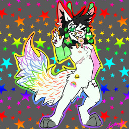 antennae_(anatomy) anthro armwear black_hair bright_colors clothing fishnet_armwear fishnet_clothing fur gradient_background grey_background hair heart_(marking) male markings mastectomy_scar multicolored_tail pattern_background rainbow_tail scar simple_background smile smiley_face solo sparklefur tail white_body white_fur x_eyes axxelroze themis_(mallikathesatanist) canid canine canis domestic_dog mammal 1:1 hi_res