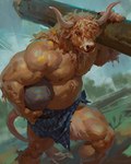 anthro biceps brown_hair clothed clothing hair holding_log holding_object holding_rock horn kilt log male musclegut muscular muscular_anthro muscular_male nipples outside pecs quads rock solo tail tail_tuft tongue tongue_out topless triceps tuft vein veiny_muscles wood taran_fiddler weretober weretober2024 bovid bovine cattle mammal 2024 hi_res signature