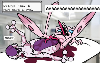 3_toes ambiguous_gender bed birth blood blue_eyes bodily_fluids duo feet female feral fur furniture hospital live_birth nightmare_fuel open_mouth pawpads pink_body pink_fur science_fiction screaming spread_legs spreading text toes umbilical_cord where_is_your_god_now blitzdrachin conditional_dnp dragon_ball nintendo pokemon frieza generation_1_pokemon legendary_pokemon mew_(pokemon) mewtwo pokemon_(species) 2026 digital_drawing_(artwork) digital_media_(artwork) english_text