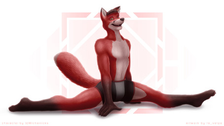 anthro black_body black_fur black_hair black_nose claws clothed clothing dipstick_tail flexible fur geometric_background green_eyes hair hands_on_ground looking_at_viewer looking_forward male markings notched_ear open_mouth red_body red_fur russian simple_background smile solo splits spread_legs spreading tail tail_markings text toe_claws topless underwear whiskers white_body white_fur la_volpe michanicks_(fursona) canid canine fox mammal 16:9 2020 full-length_portrait portrait signature widescreen