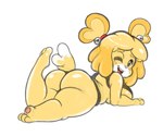 animal_crossing anthro big_butt blonde_hair butt canid canine canis clothing domestic_dog female fur hair isabelle_(animal_crossing) lying mammal nintendo on_front shih_tzu solo thong toy_dog twindrills underwear yellow_body yellow_fur