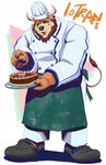 anthro beard brown_beard brown_body brown_facial_hair cake chef_hat chef_uniform cherry clothing dessert eyes_closed facial_hair food footwear fruit hat headgear headwear holding_cake holding_food holding_object male plant solo tail tail_tuft tuft pinkgirlpen crocs iotran_(character) bear bovid bovine cattle hybrid mammal 2021 absurd_res character_name digital_media_(artwork) full-length_portrait hi_res portrait