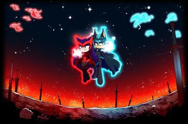 accessory aura blue_eyes bone burning cape clothing detailed_background duo female floating hair hair_accessory long_hair magic male male/female nightsky red_eyes skull skull_head star sword_in_ground tight_clothing warzone xxkenthewolfxx sega sonic_the_hedgehog_(series) fan_character canid canine eulipotyphlan fox hedgehog mammal absurd_res hi_res
