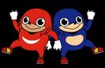 anthro big_eyes blue_body blue_fur clothing duo footwear footwear_only fur gloves handwear happy male mostly_nude mouth_closed raised_arm red_body red_fur simple_background smile transparent_background enigi09 sega sonic_the_hedgehog_(series) ugandan_knuckles knuckles_the_echidna alpha_channel meme