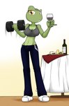 alcohol anthro athletic athletic_anthro athletic_female beverage big_breasts bodily_fluids bra breasts cheese cleavage clothed clothing container crop_top cup dairy_products detailed_background drinking_glass dumbbell exercise eyelashes female fingers food footwear fruit furniture glass glass_container glass_cup grape green_body green_skin inside leggings legwear looking_at_viewer midriff multicolored_body multicolored_skin navel plant scar shirt shoes sneakers solo sports_bra sweat table topwear two_tone_body two_tone_skin underwear v-cut weightlifting weights wine wine_bottle wine_glass workout workout_clothing yellow_eyes sandwich-anomaly amelia_(sandwich-anomaly) amphibian frog 2021 digital_drawing_(artwork) digital_media_(artwork) hi_res