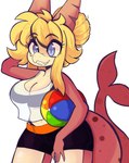 anthro ball beach_ball black_bottomwear black_clothing black_shorts black_topwear blonde_hair blue_eyes bottomwear breasts cleavage clothed clothing eyelashes female fin fingers front_view hair hair_bun holding_beach_ball inflatable midriff multicolored_body multicolored_skin non-mammal_breasts sharp_teeth shorts simple_background smile solo tail tail_fin teeth three-quarter_view topwear translucent translucent_clothing translucent_topwear white_background qwerty_soda fish marine shark 2022 absurd_res digital_drawing_(artwork) digital_media_(artwork) hi_res portrait three-quarter_portrait