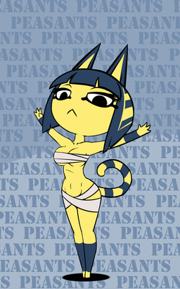 4_fingers anthro bandage bandeau bare_shoulders barefoot biped blue_hair breasts cleavage clothed clothing egyptian eyebrows eyelashes featureless_feet feet female fingers frown hair half-closed_eyes midriff narrowed_eyes repeated_text skimpy solo standing text text_background topwear under_boob wide_hipped_female wide_hips limebreaker animal_crossing nintendo ankha_(animal_crossing) domestic_cat felid feline felis mammal 5:8 english_text hi_res