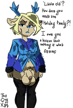 anthro antlers balls big_balls blonde_hair blue_eyes bottomwear bottomwear_down clothed clothing coat flaccid flashing_penis foreskin genitals gynomorph hair horn intersex looking_at_viewer pants pants_down partially_clothed penis solo text topwear thisguyxyq deltarune undertale_(series) carol_holiday deer mammal english_text hi_res
