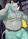 2020 anthro armor bodily_fluids bottomwear bulge clothed clothing grey_body hard_hat headgear helmet horn jacklantern_11 kemono male mammal musclegut muscular navel nipples pants rhinoceros solo sweat topless towel