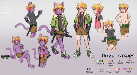 5_fingers anthro bottomwear clothed clothing cookie eating featureless_chest fingers food hair heterochromia holding_cookie holding_food holding_object holding_weapon jacket male navel open_bottomwear open_clothing open_pants pants shirtless side_view simple_background slightly_chubby smile text topwear visible_underwear weapon strayrozerem roze_(strayrozerem) domestic_cat felid feline felis human mammal model_sheet